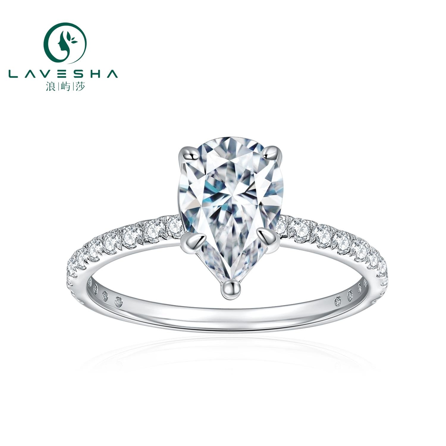 No.40 LAVESHA R3-0032 1.7 CTW Signature Pear 6A Moissanite  18K S925 Ring  4 Prong with Side Stones Accent 719