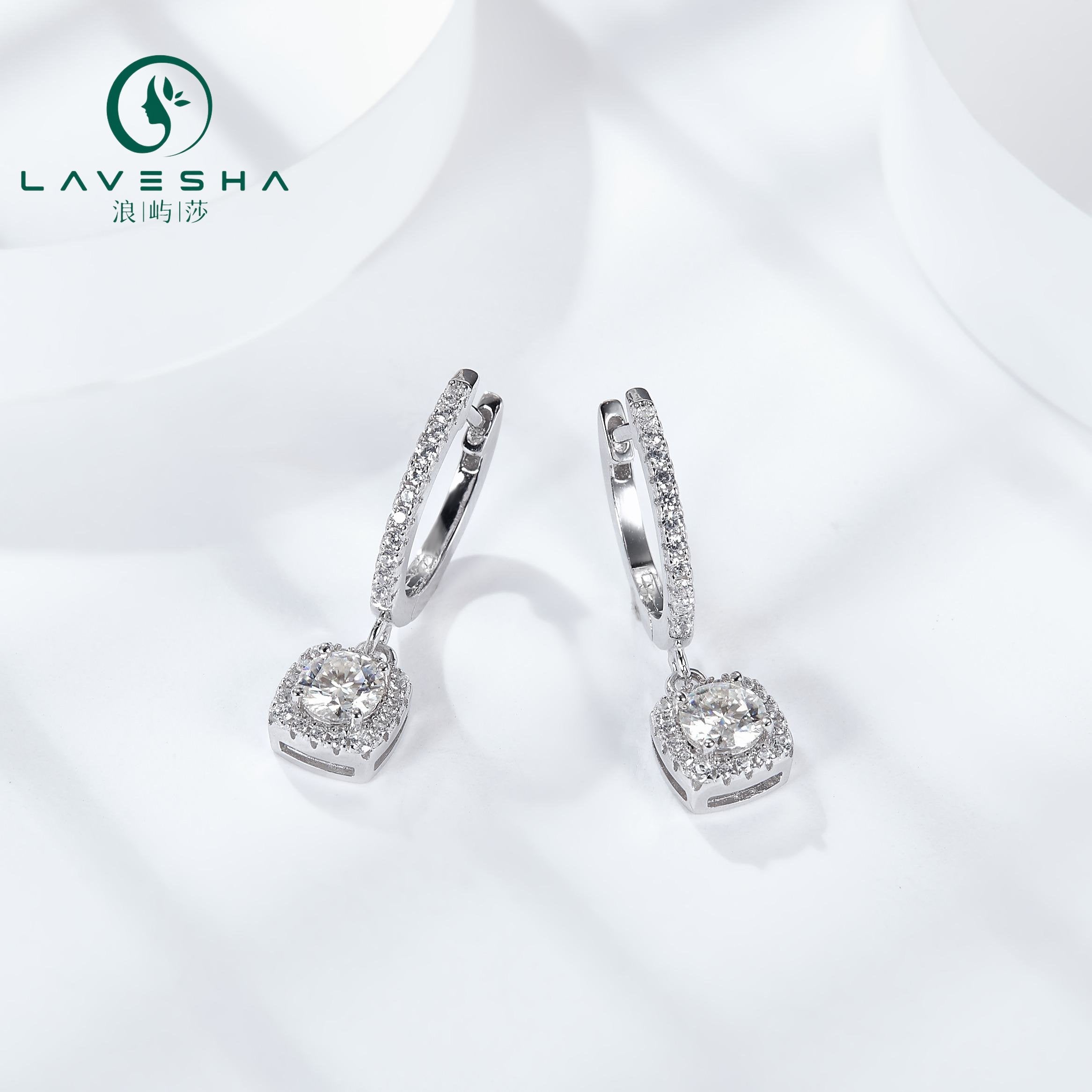 No.4 LAVESHA EM4010 0.5/1.0 CTW*2 Square Halo Moissanite 18K S925 English Lock Earrings