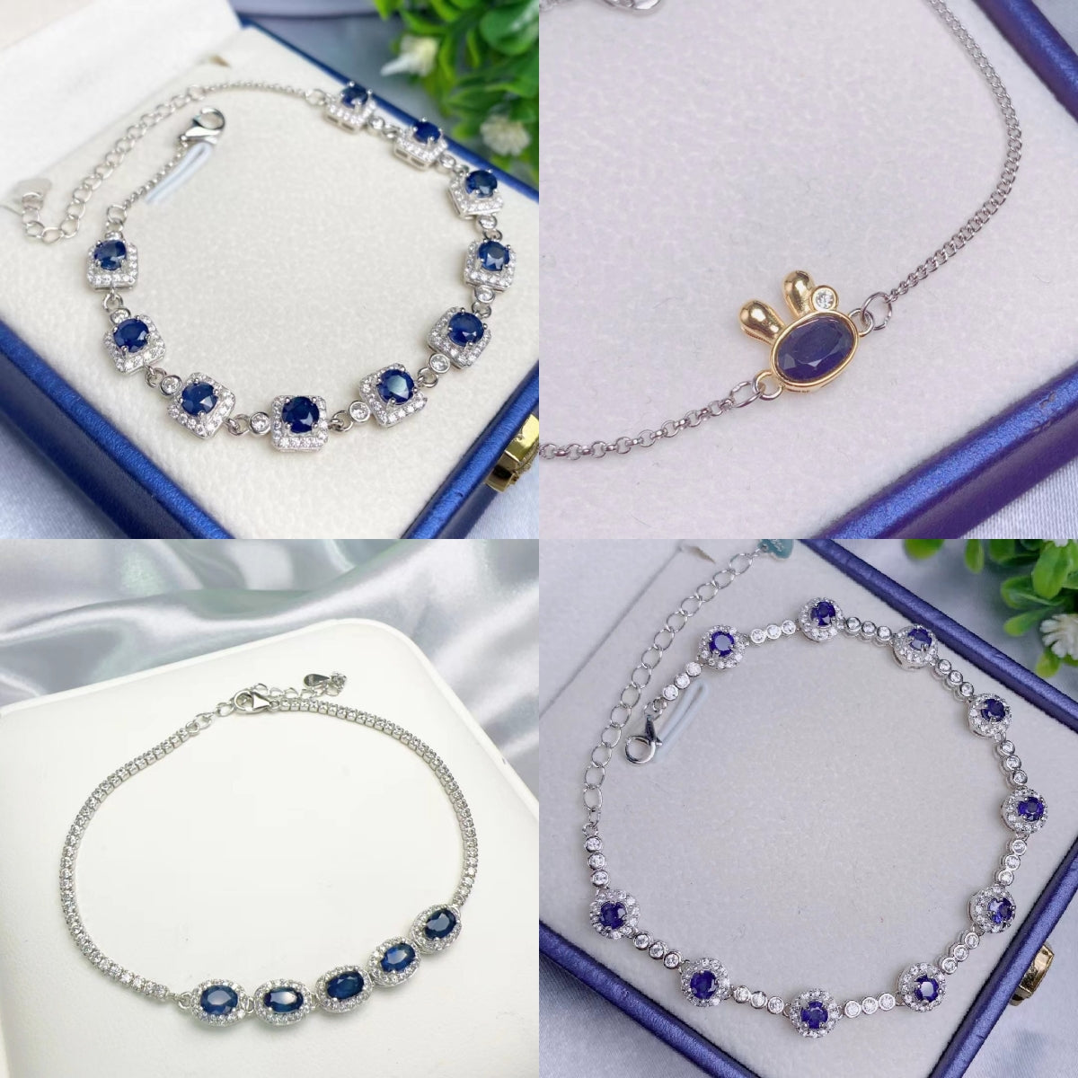 Blue Sapphire Bracelet Gemstone Round Oval S925 Silver Sterling Chain