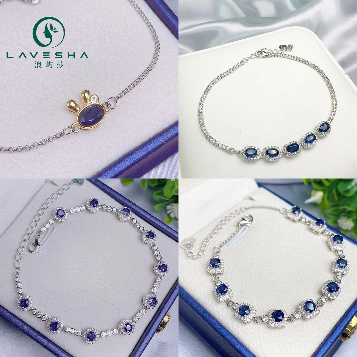 Blue Sapphire Bracelet Gemstone Round Oval S925 Silver Sterling Chain