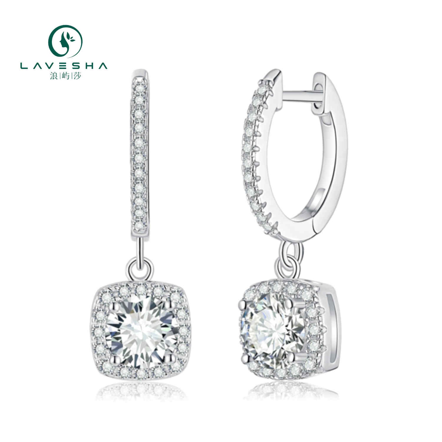 No.4 LAVESHA EM4010 0.5/1.0 CTW*2 Square Halo Moissanite 18K S925 English Lock Earrings