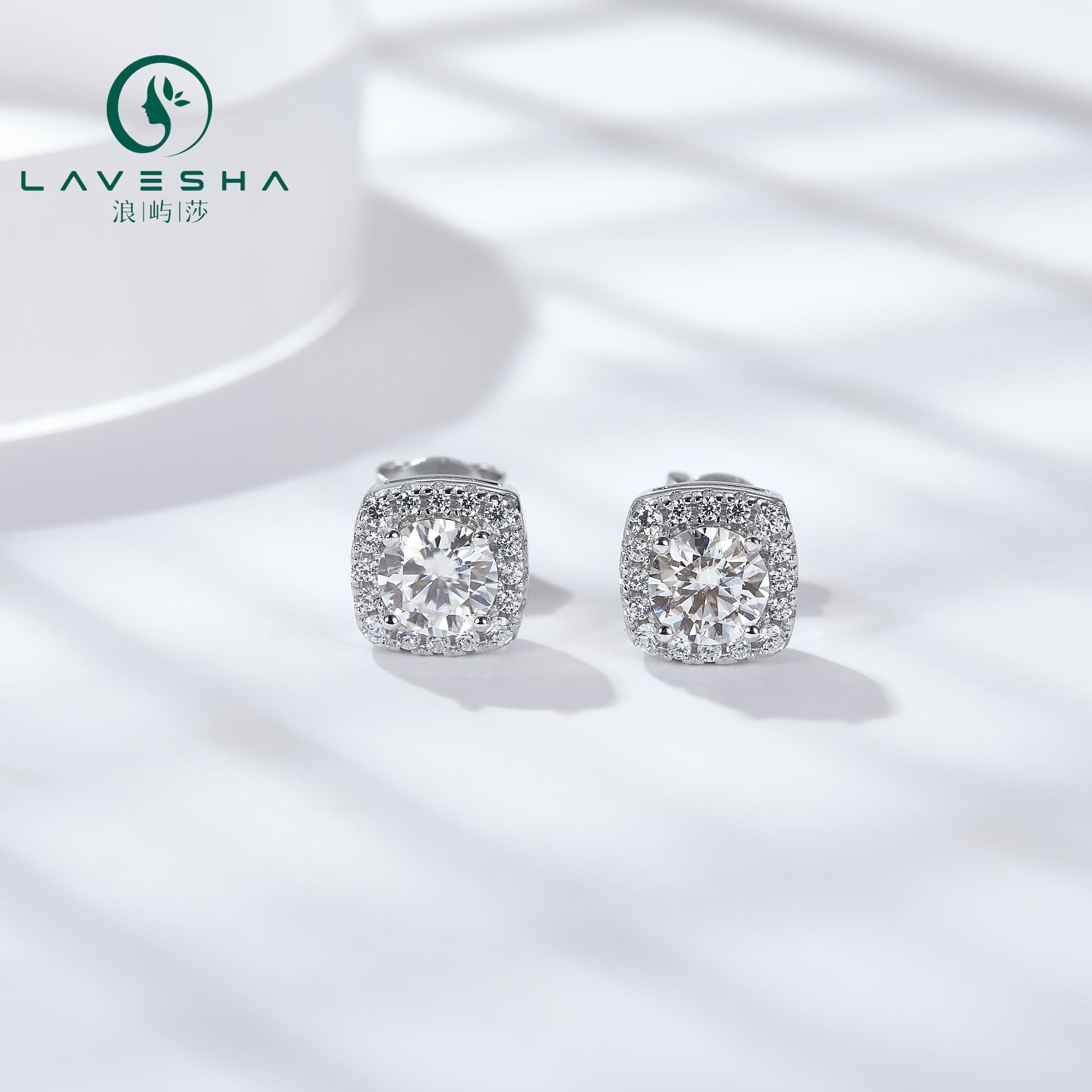 No.3 LAVESHA  EM4009 0.5/1.0 CTW*2  Square Halo 6A Moissanite 18K S925 Stud Earrings