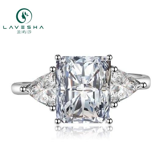 No.41 LAVESHA R3-0034 2.0 CTW Three-stones Radiant 6A Moissanite  18K S925 Band Ring  with Trillion Side Stones Buy 1 get 1 free 719