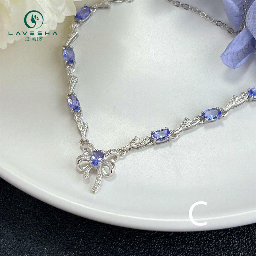 Baceda Tanzanite Necklace S925 Silver Chain Oval Gemstones 3x4mm 3x5mm Bowknot