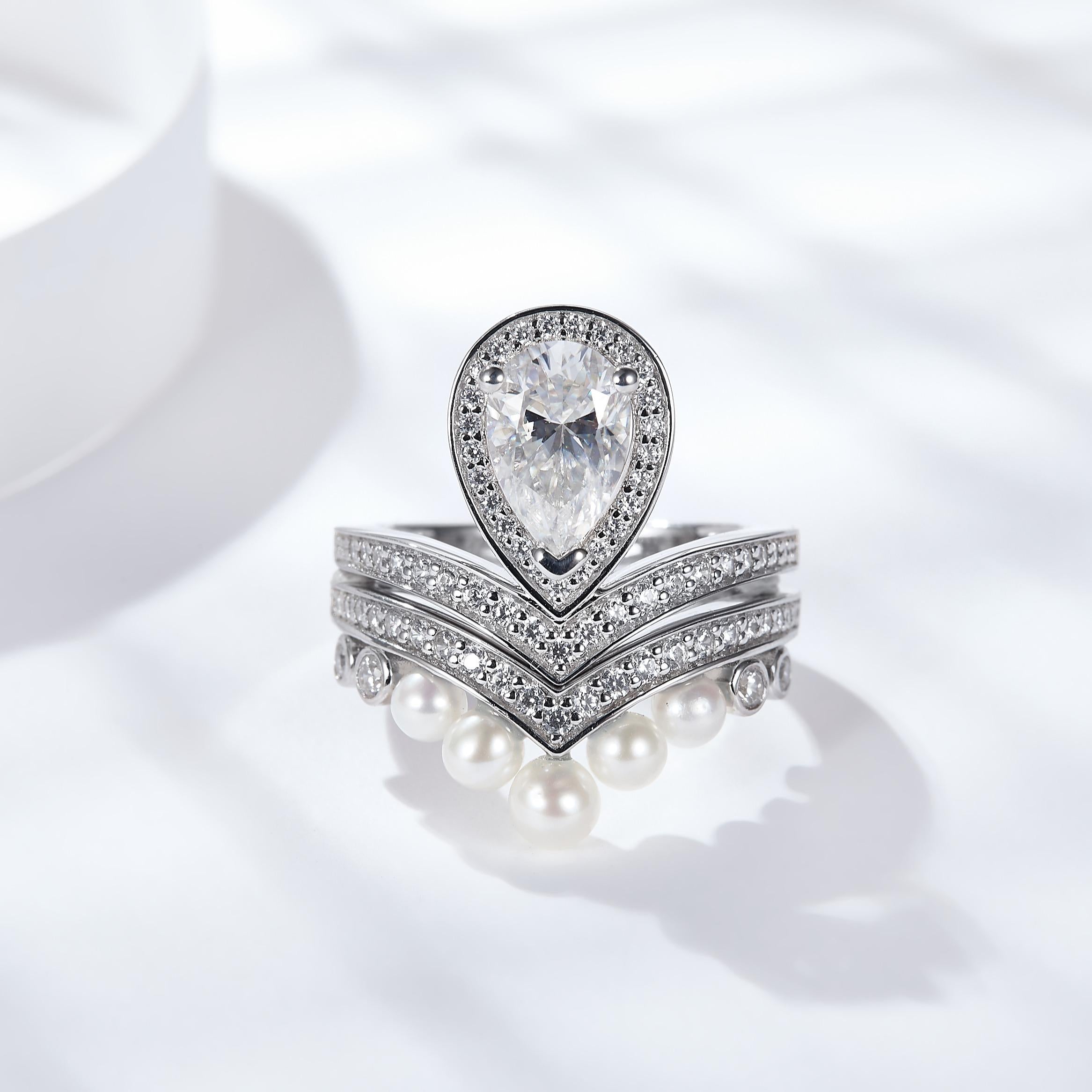 No.33 LAVESHA RM1039O  1.5 CTW S925 2 Pcs Set Moissanite Ring with Pear Halo  for Engagement/Anniversary/Daily 719