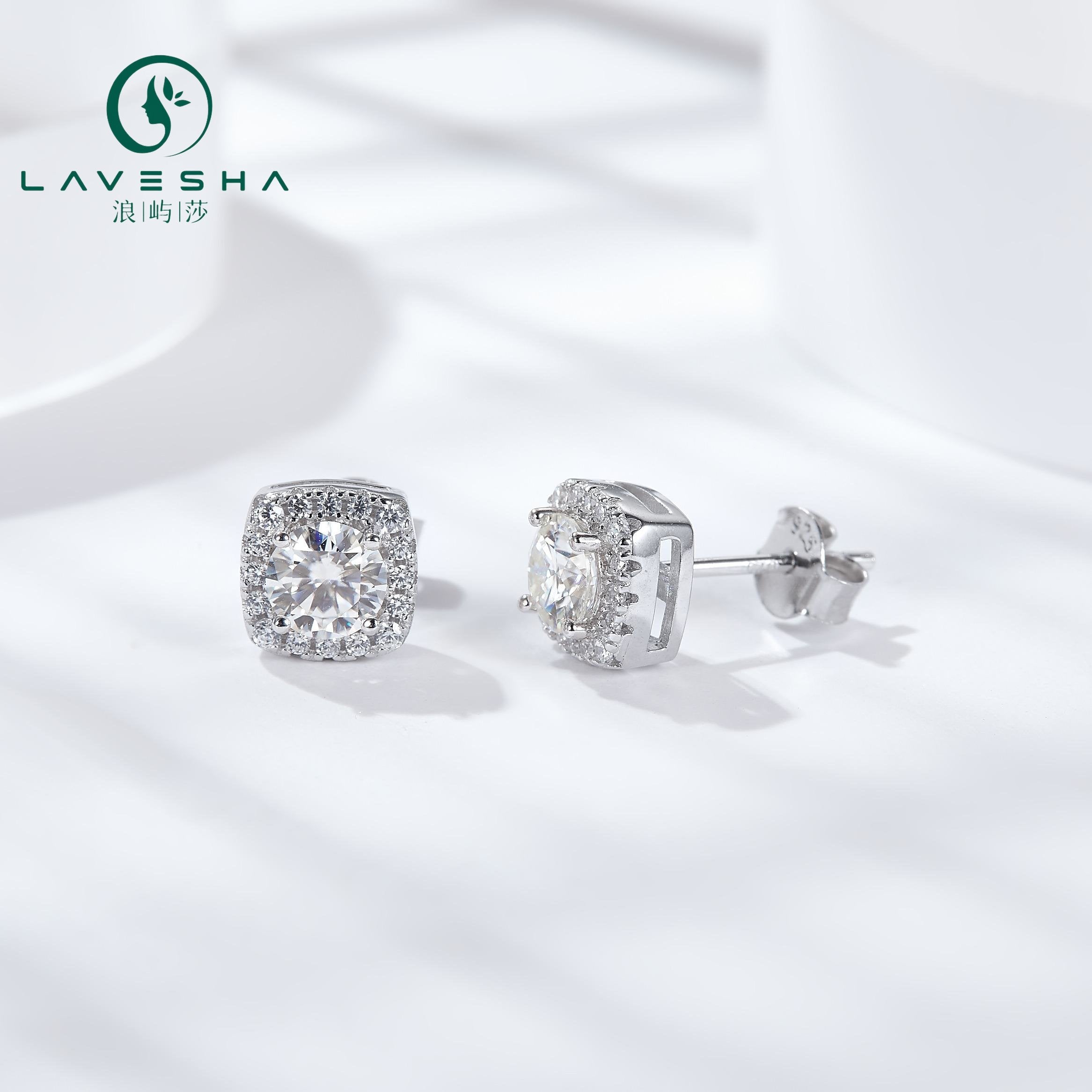 No.3 LAVESHA  EM4009 0.5/1.0 CTW*2  Square Halo 6A Moissanite 18K S925 Stud Earrings