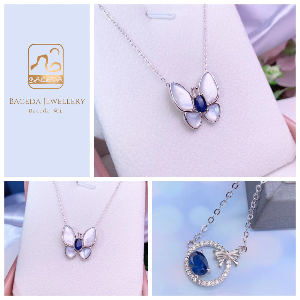 blue Sapphire necklace butterfly bowknot S925 silver chain