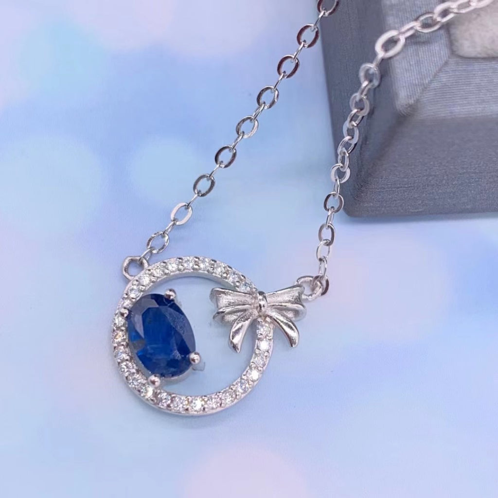 blue Sapphire necklace butterfly bowknot S925 silver chain