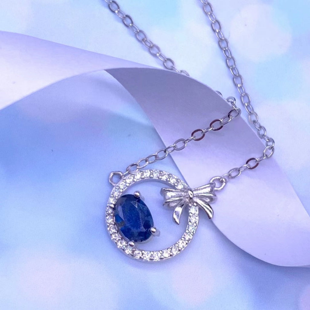 blue Sapphire necklace butterfly bowknot S925 silver chain