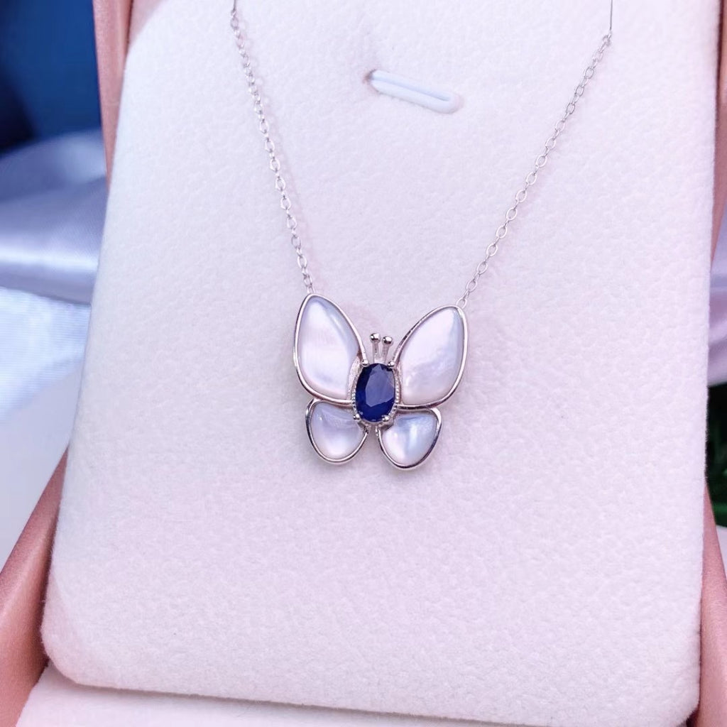 blue Sapphire necklace butterfly bowknot S925 silver chain