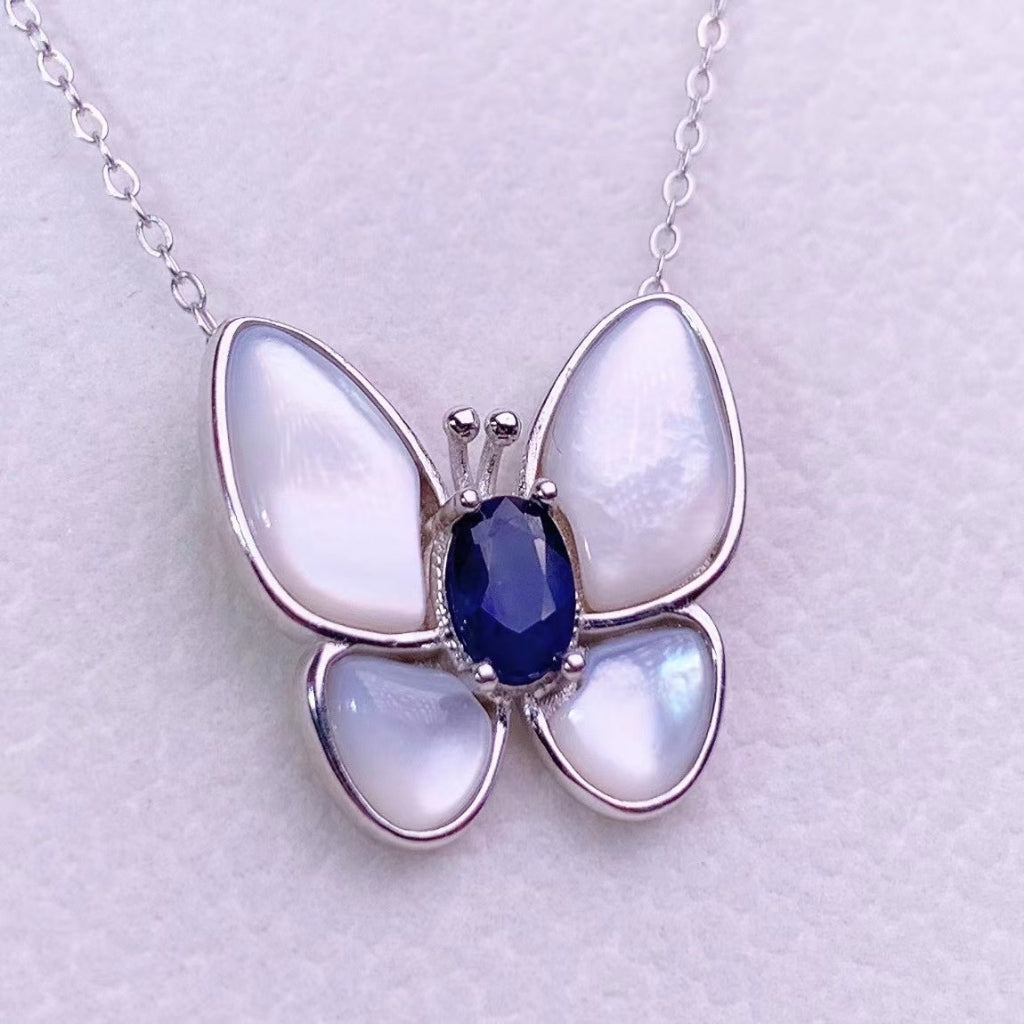 blue Sapphire necklace butterfly bowknot S925 silver chain