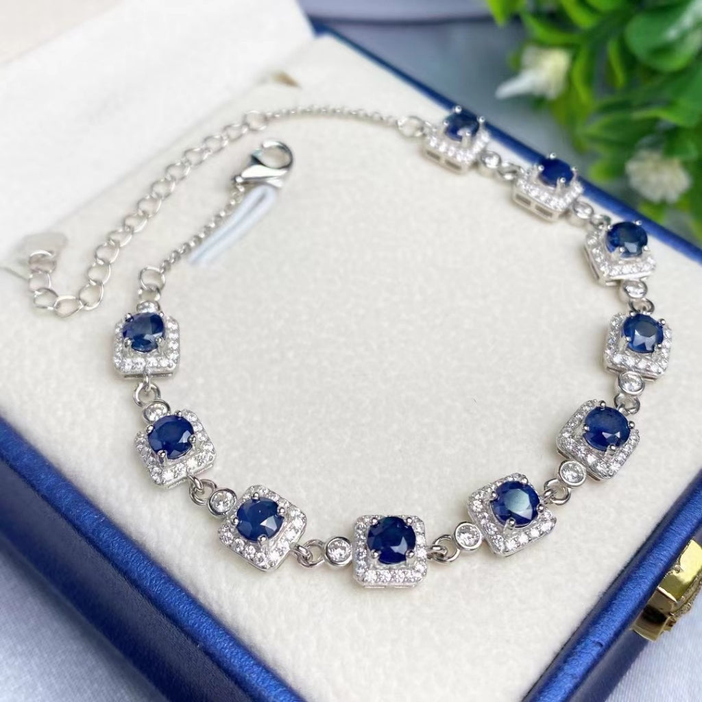 Blue Sapphire Bracelet Gemstone Round Oval S925 Silver Sterling Chain