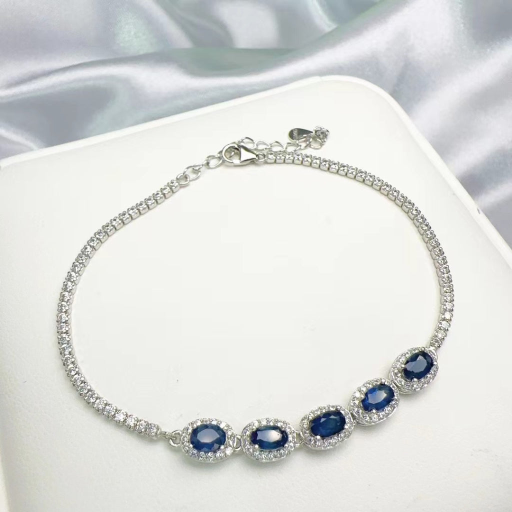 Blue Sapphire Bracelet Gemstone Round Oval S925 Silver Sterling Chain