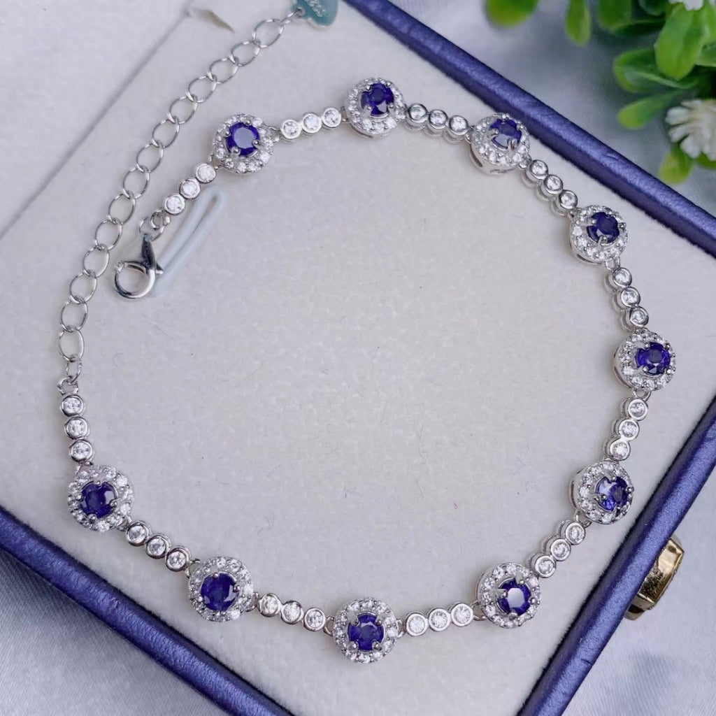 Blue Sapphire Bracelet Gemstone Round Oval S925 Silver Sterling Chain