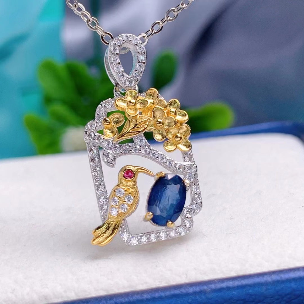 Blue Sapphire Pendant S925 Silver Sterling Gemstone Round Oval Fashion Design Jewelry