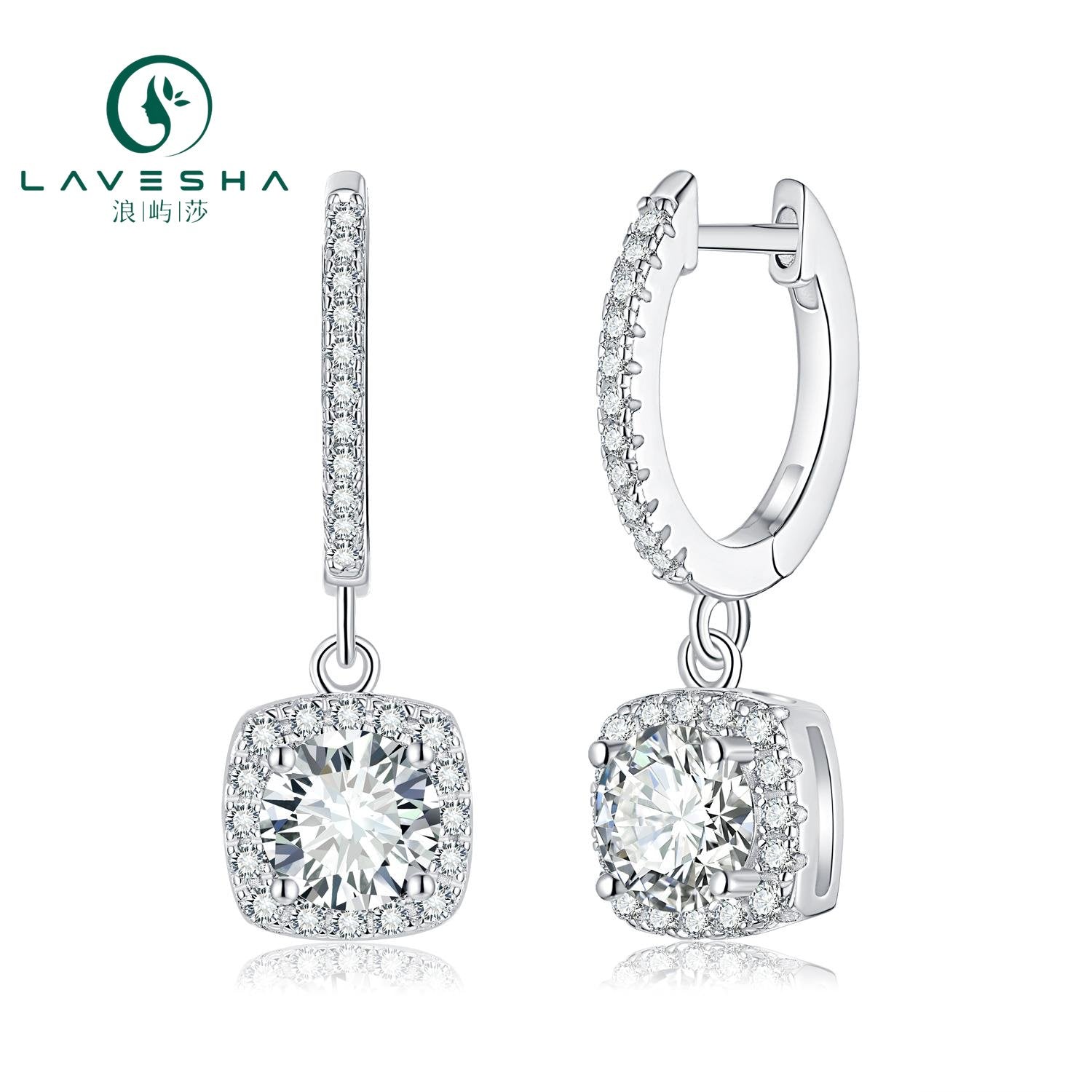 No.4 LAVESHA EM4010 0.5/1.0 CTW*2 Square Halo Moissanite 18K S925 English Lock Earrings