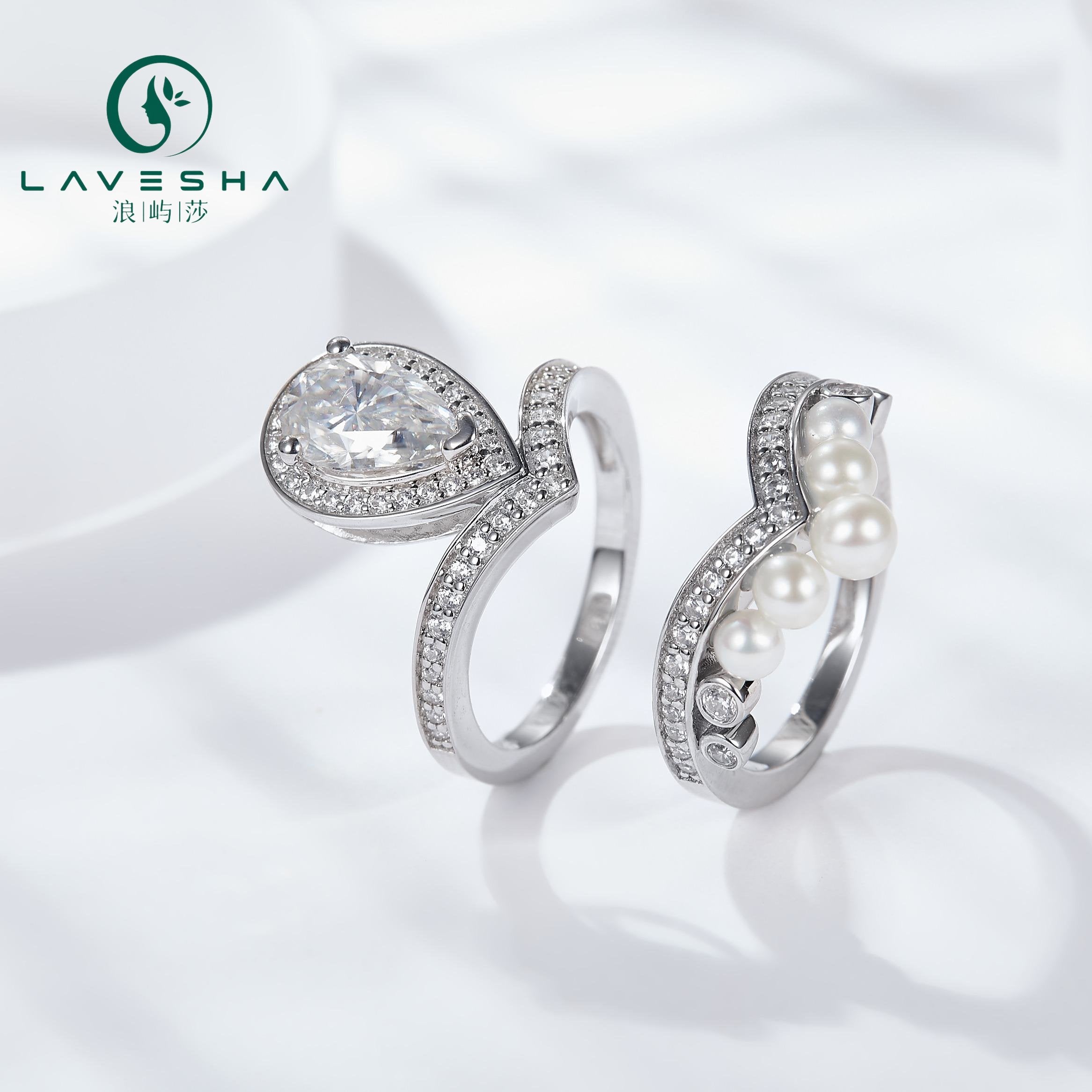 No.33 LAVESHA RM1039O  1.5 CTW S925 2 Pcs Set Moissanite Ring with Pear Halo  for Engagement/Anniversary/Daily 719